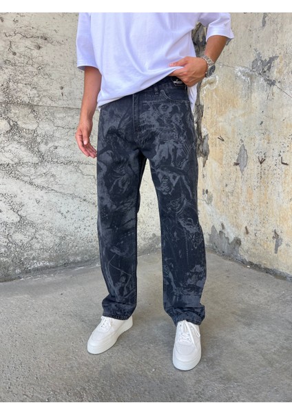 Erkek Baskılı Siyah Baggy Pantolon