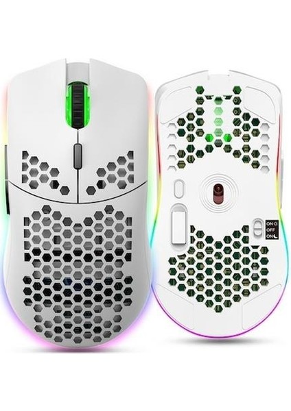 Kablosuz Petek Tasarım Şarjlı Gaming Mouse – Rgb Aydınlatmalı 3200 Dpı Ultra Hafif Beyaz