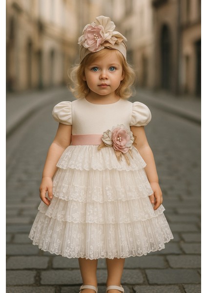 Özel Tasarım Kız Çocuk Abiye Elbise, Kat Kat Etekli, Çiçek Detaylı, Dantel Detaylı, Saç AKSESUARLI_M2459