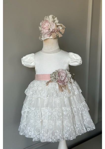 Özel Tasarım Kız Çocuk Abiye Elbise, Kat Kat Etekli, Çiçek Detaylı, Dantel Detaylı, Saç AKSESUARLI_M2459 fiyatları