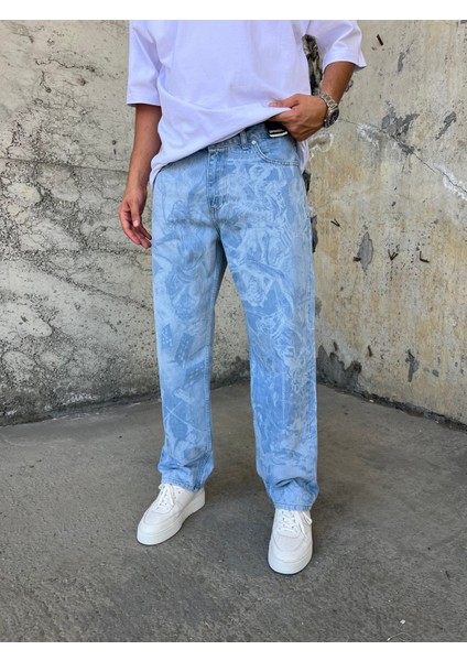 Erkek Baskılı Mavi Baggy Pantolon
