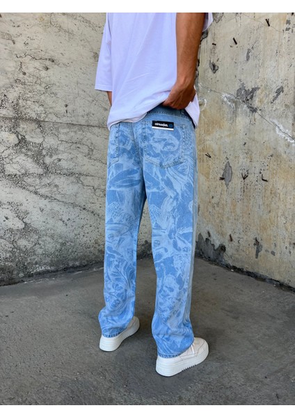 Erkek Baskılı Mavi Baggy Pantolon modelleri