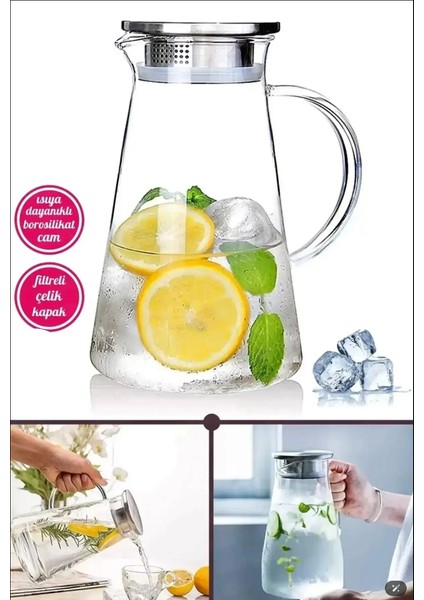 Borosilikat Cam Sürahi 1800ML Isıya Dayanıklı Karaf, Metal Kapaklı Cam Kulplu Meşrubat Su Sürahisi