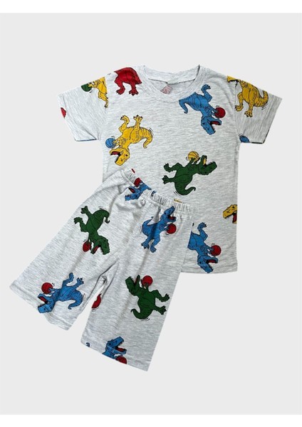 Erkek Çocuk Pamuklu Gri Renk Dinozor Desenli Kısa Kollu Yazlık Şortlu Pijama Takımı
