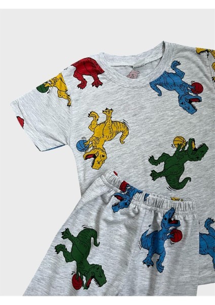 Erkek Çocuk Pamuklu Gri Renk Dinozor Desenli Kısa Kollu Yazlık Şortlu Pijama Takımı modelleri