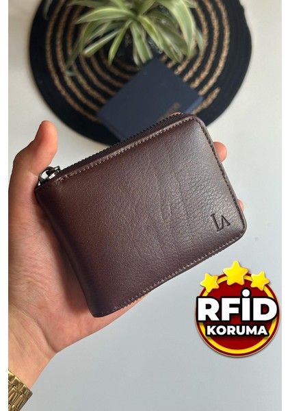 Lancy Erkek Fermuarlı Rfid Koruma Özellikli Hakiki Deri Cüzdan Kahve