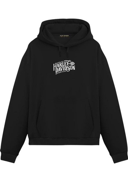 Unisex Siyah Harley Davidson Baskılı Oversize Fit Pamuklu Kapüşonlu Sweatshirt fiyatları