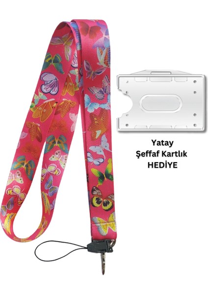 Pembe Kelebekler Kart Askısı Yaka Kartı Boyun Askı Ipi Telefon Askısı Yatay Dikey Kart Koruyucu