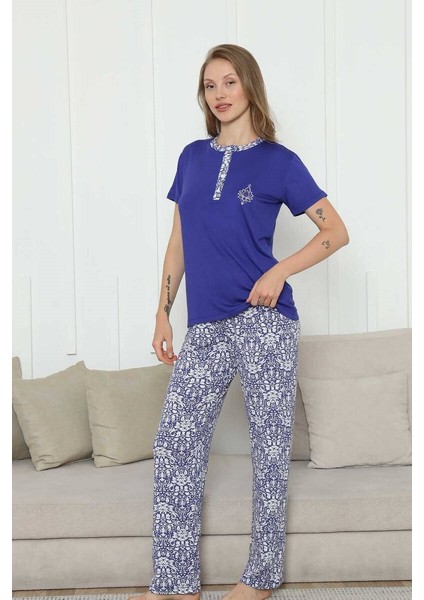 Kadın Saks Mavi 3 Düğmeli Etnik Desen Likralı Viskon Kısa Kol Pijama Takımı