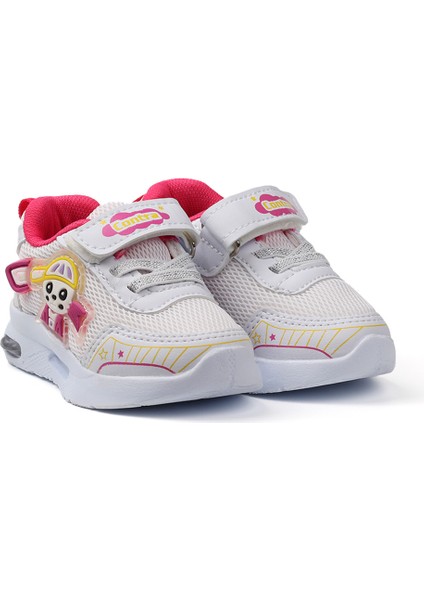 Kız Bebe Beyaz Fuşya Figürlü Işıklı Cırtlı Sneaker Günlük Spor Ayakkabı