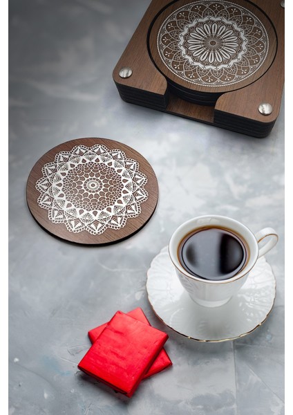 Dantel Desenli Baskılı Ahşap Bardak Altlığı 6'lı Takım, Ofis Aksesuarı, Masa Aksesuarı, Çay Kahve Içecek Altlığı, Masa Üzeri Koruyucu Altlık