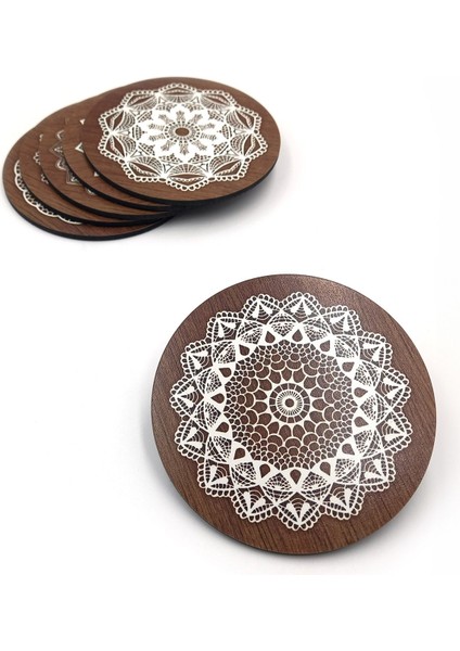 Dantel Desenli Baskılı Ahşap Bardak Altlığı 6'lı Takım, Ofis Aksesuarı, Masa Aksesuarı, Çay Kahve Içecek Altlığı, Masa Üzeri Koruyucu Altlık modelleri