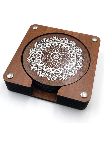 Dantel Desenli Baskılı Ahşap Bardak Altlığı 6'lı Takım, Ofis Aksesuarı, Masa Aksesuarı, Çay Kahve Içecek Altlığı, Masa Üzeri Koruyucu Altlık indirimleri