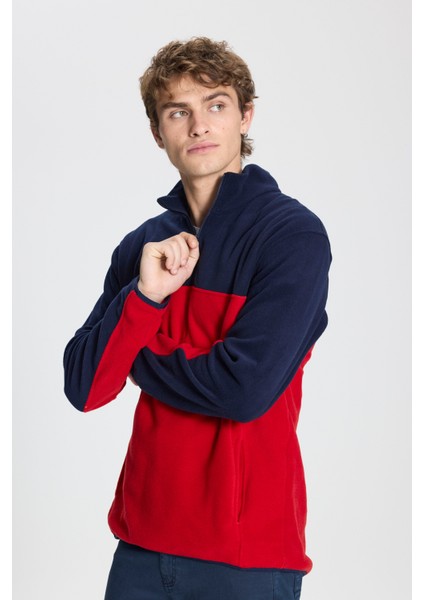 Erkek Lacivert-kırmızı Standart Fit Normal Kesim Günlük Rahat Çift Renkli Polar Spor Sweatshirt