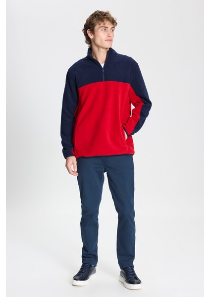 Erkek Lacivert-kırmızı Standart Fit Normal Kesim Günlük Rahat Çift Renkli Polar Spor Sweatshirt fiyatları