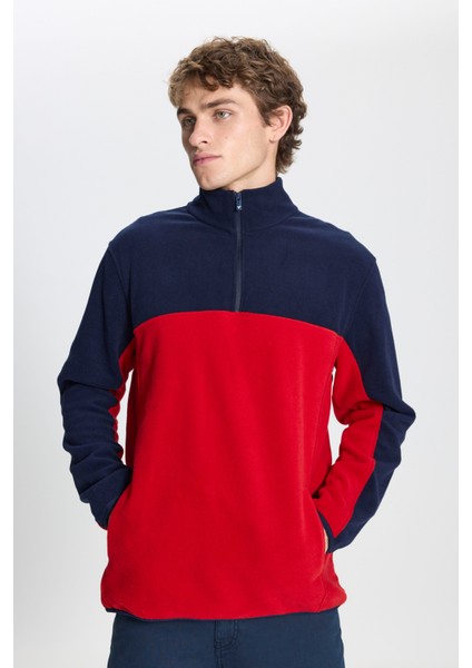 Erkek Lacivert-kırmızı Standart Fit Normal Kesim Günlük Rahat Çift Renkli Polar Spor Sweatshirt modelleri