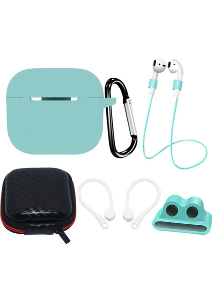 6 In 1 Apple Airpods Için 3 Taşınabilir Taşıma Çantası Kulaklık Silikon Kılıf Seti Kulakiçi Tutucu/anti-Kayıp Boyun Askısı-Nane Yeşili (Yurt Dışından)