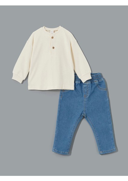 Lcw Baby Ekru Bisiklet Yaka Basic Erkek Bebek Sweatshirt ve Pantolon 2'li