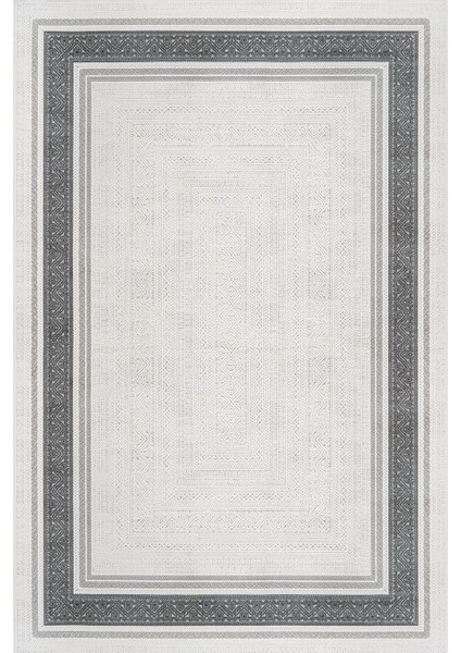 Gri Çerçeveli Etnik Modern Desenli Pamuk Makinada Yıkanabilir Hav Toz Vermez Leke Tutmayan Kaymaz Taban Dijital Makine Baskı Salon Yolluk Mutfak Halı