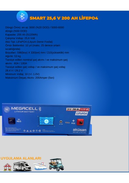 Megacell 25.6V 200AH (Bluetooth) Lifepo4 Lityum Demir Fosfat Akü(Dokunmatik Ekran)
