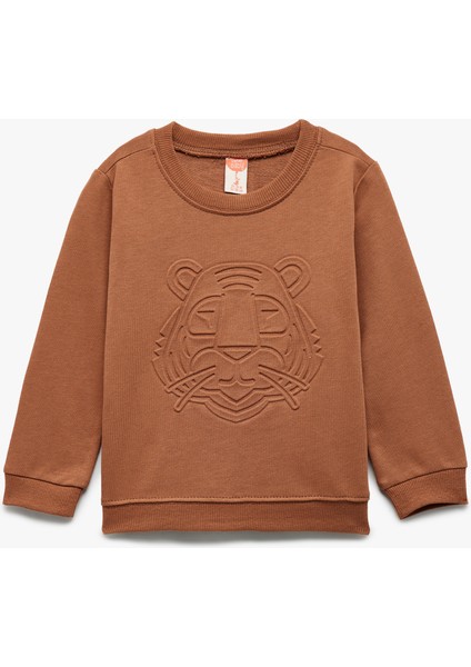 Uzun Kollu Bisiklet Yaka Pamuklu Baskılı Sweatshirt