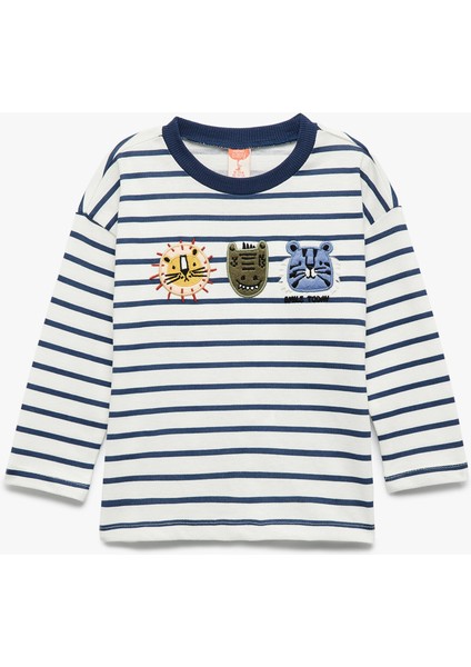 Pamuklu Bisiklet Yaka Hayvan Nakışlı Uzun Kollu Tişört