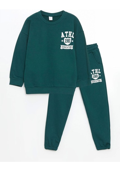 Lcw Kids Yeşil Bisiklet Yaka Baskılı Erkek Çocuk Sweatshirt ve Eşofman Alt 2'li