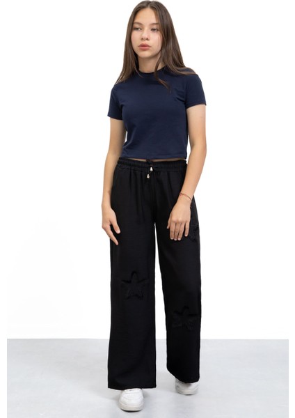 Siyah Yıldız Nakışlı Geniş Paça Rahat Kumaş Kız Çocuk Pantolon 21146