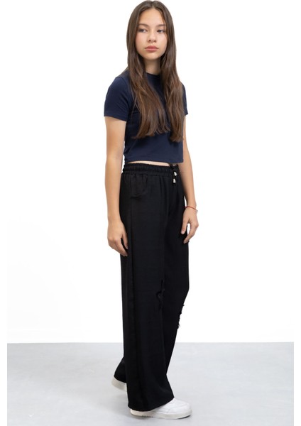 Siyah Yıldız Nakışlı Geniş Paça Rahat Kumaş Kız Çocuk Pantolon 21146 fiyatları