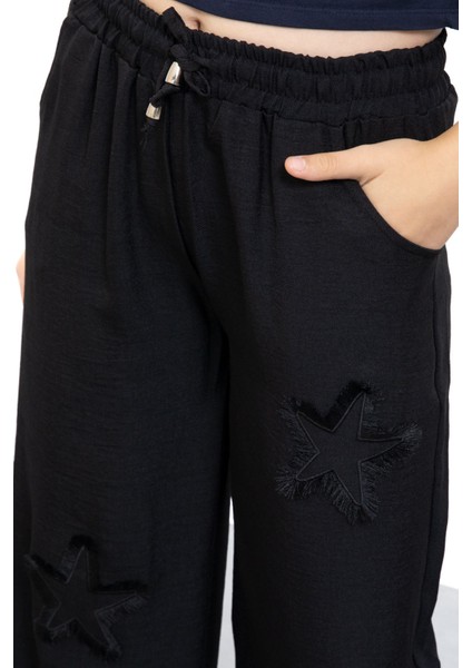 Siyah Yıldız Nakışlı Geniş Paça Rahat Kumaş Kız Çocuk Pantolon 21146 modelleri