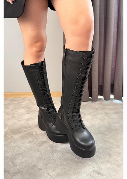 Kadın Bellina Siyah Cilt Bağcık Detaylı Fermuarlı 9 cm Topuklu Platfomlu Çizme