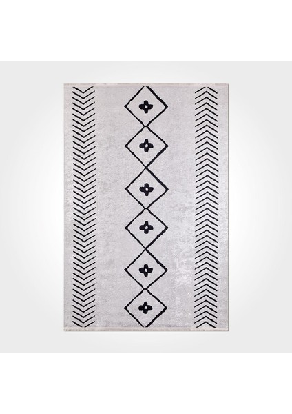 Elizabeth Geometrik Gri Pamuk Kare Modern Desenli Pamuk Makinada Yıkanabilir Hav Toz Vermez Leke Tutmayan Kaymaz Taban Dijital Makine Baskı Salon Yolluk Mutfak Halı