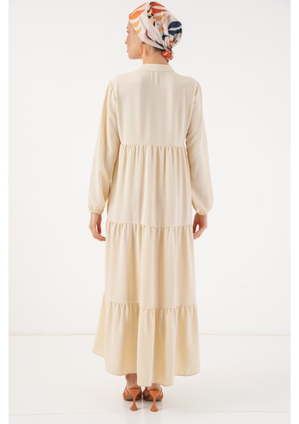 1627 Yaka Bağcıklı Tesettür Elbise - Krem fiyatları