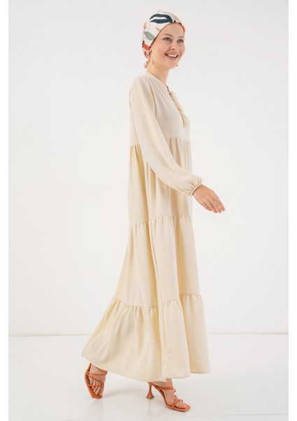1627 Yaka Bağcıklı Tesettür Elbise - Krem modelleri