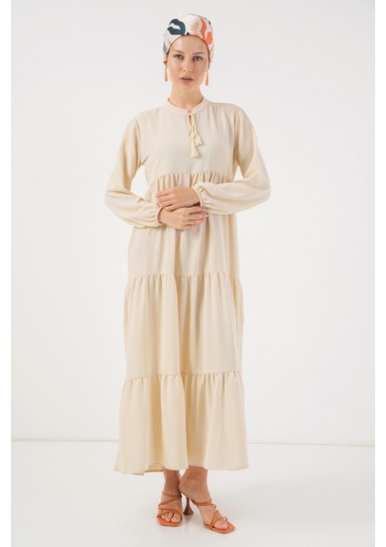 1627 Yaka Bağcıklı Tesettür Elbise - Krem fırsatları