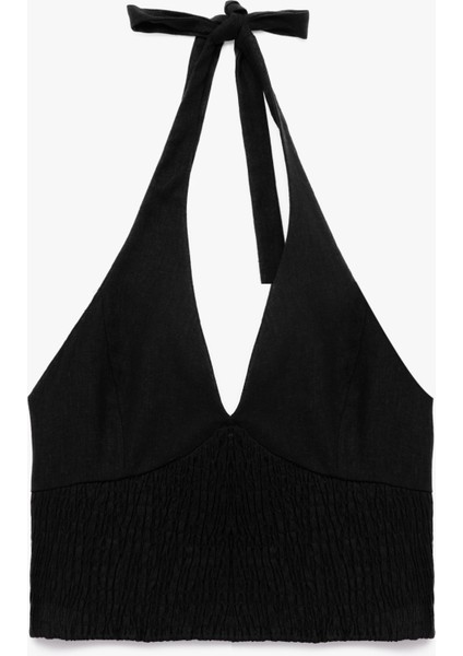 Slim Fit Gipeli Halter Yaka Keten Karışımlı Kolsuz Crop Bluz