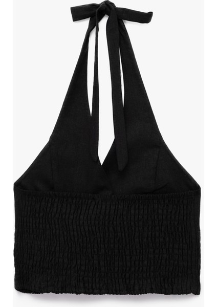 Slim Fit Gipeli Halter Yaka Keten Karışımlı Kolsuz Crop Bluz fiyatları