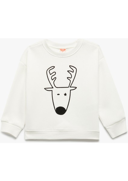 Yılbaşı Baskılı Uzun Kollu Şardonlu Bisiklet Yaka Sweatshirt