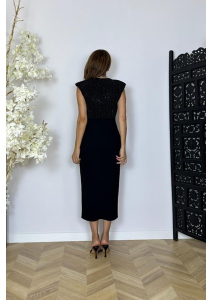 G1518 Kruvaze Yaka Taş Detaylı Drapeli Elbise Siyah modelleri