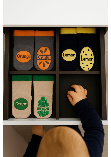 Kaydırmaz Tabanlı Portakal, Üzüm, Limon Desenli Bambu Bebek Çorap (X3 Adet)