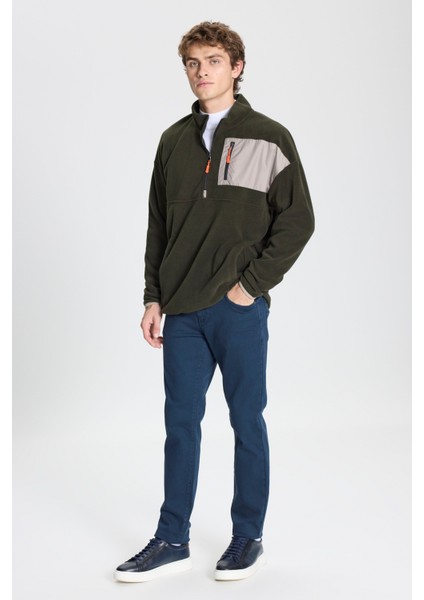 Erkek Haki Oversize Bol Kesim Dik Bato Yaka Cep Detaylı Fermuarlı Soğuk Geçirmez Polar Sweatshirt fiyatları