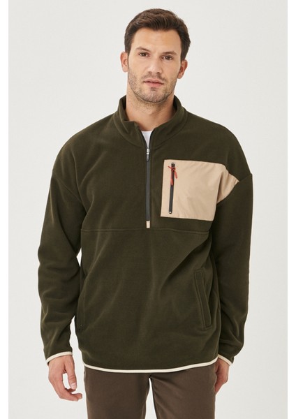 Erkek Haki Oversize Bol Kesim Dik Bato Yaka Cep Detaylı Fermuarlı Soğuk Geçirmez Polar Sweatshirt