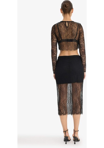 Slim Fit Dar Kesim Astarlı Midi Dantelli Etek E0465AX24AU