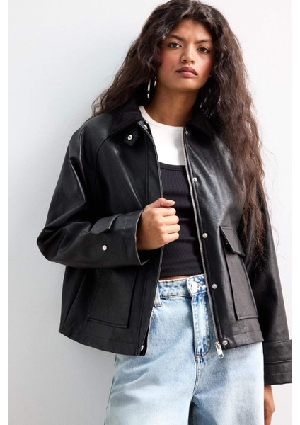 Regular Fit Polo Yaka Suni Deri Ceket Mont E8537AX25AU