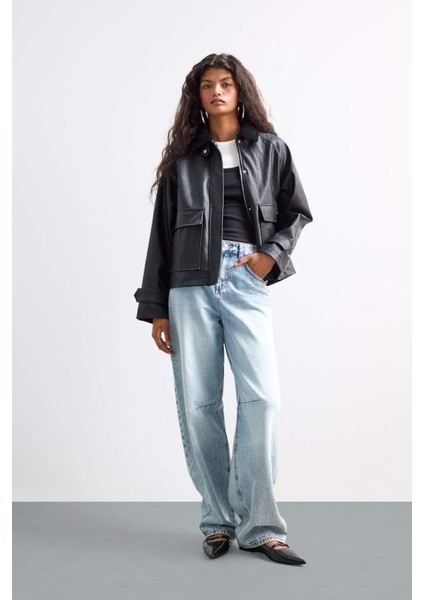 Regular Fit Polo Yaka Suni Deri Ceket Mont E8537AX25AU fiyatları