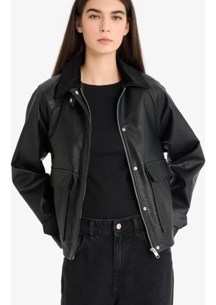 Regular Fit Polo Yaka Suni Deri Ceket Mont E8537AX25AU fırsatları