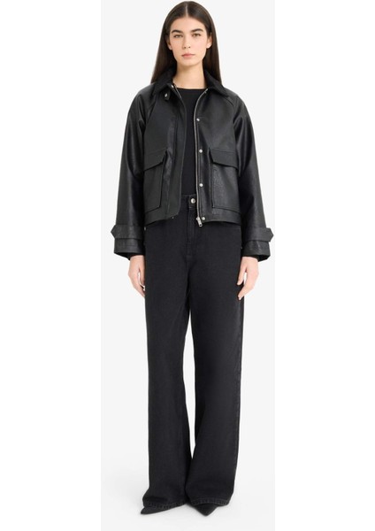 Regular Fit Polo Yaka Suni Deri Ceket Mont E8537AX25AU indirimleri