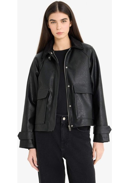 Regular Fit Polo Yaka Suni Deri Ceket Mont E8537AX25AU