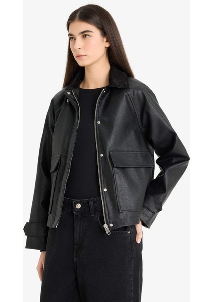 Regular Fit Polo Yaka Suni Deri Ceket Mont E8537AX25AU