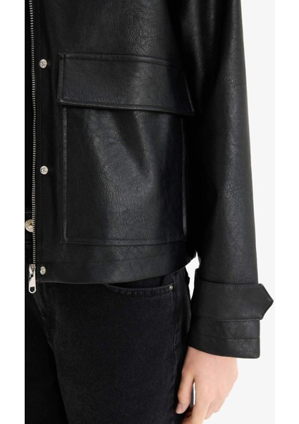 Regular Fit Polo Yaka Suni Deri Ceket Mont E8537AX25AU